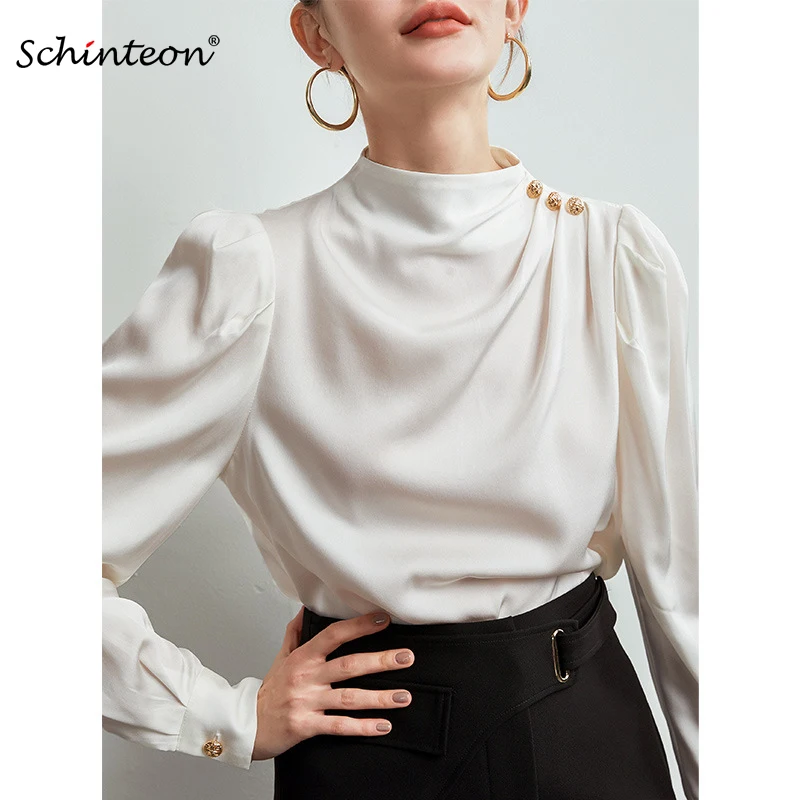 

Schinteon Women Real Silk Blouse Stand Collar Long Sleeved Buttons Shirt Elegant Office Lady Spring Summer Stylish Top 2022 New