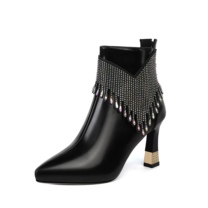 Fringed High-heeled Boots Women's New Pointed Toe and Diamond-set New Fashion Short Leather Boots for Autumn and Winter