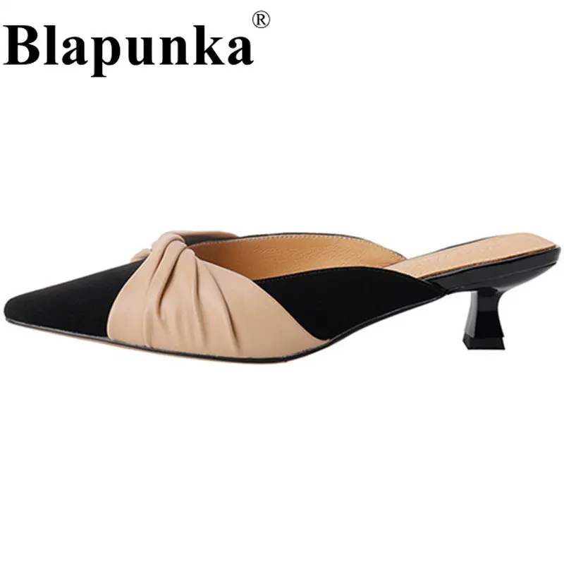 

Blapunka INS Women Sheep Suede Mules Pointed Toe Pleated Knot Slippers Ladies Thin Medium Heels Slides Sandals Chic Shoes Summer