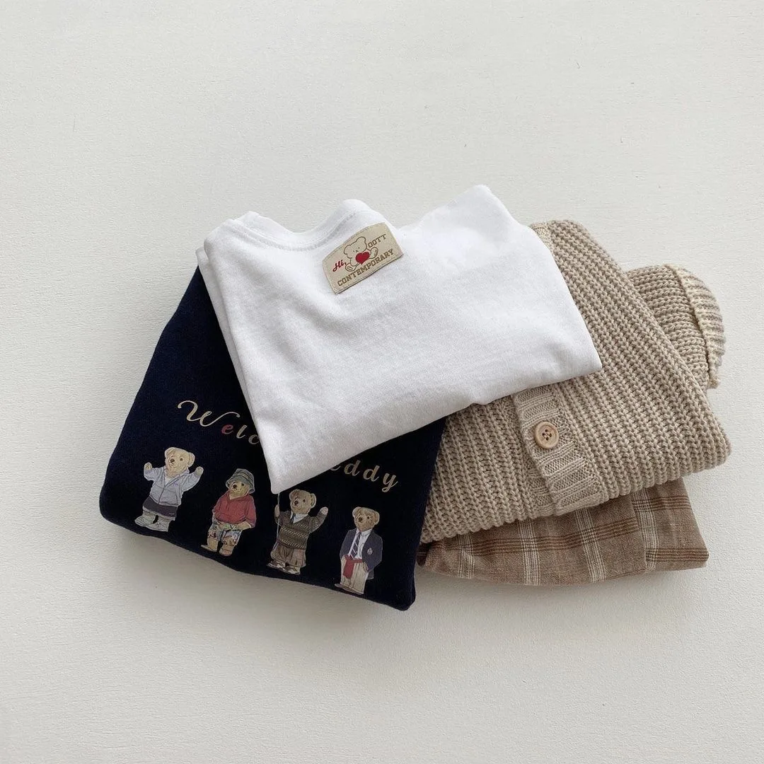 2022 Autumn New Children Cartoon Print Long Sleeve T-shirt Kids Girl Cute Bear Tops Boy Baby Letter Cotton Tees Toddler Clothing