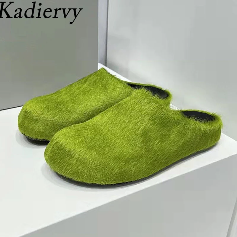 Horsehair Slippers Women Round Toe Furry Mules Shoes Woman Fashion Comfort Flat Slides Woman Wool Winter Shoes Women Slippers