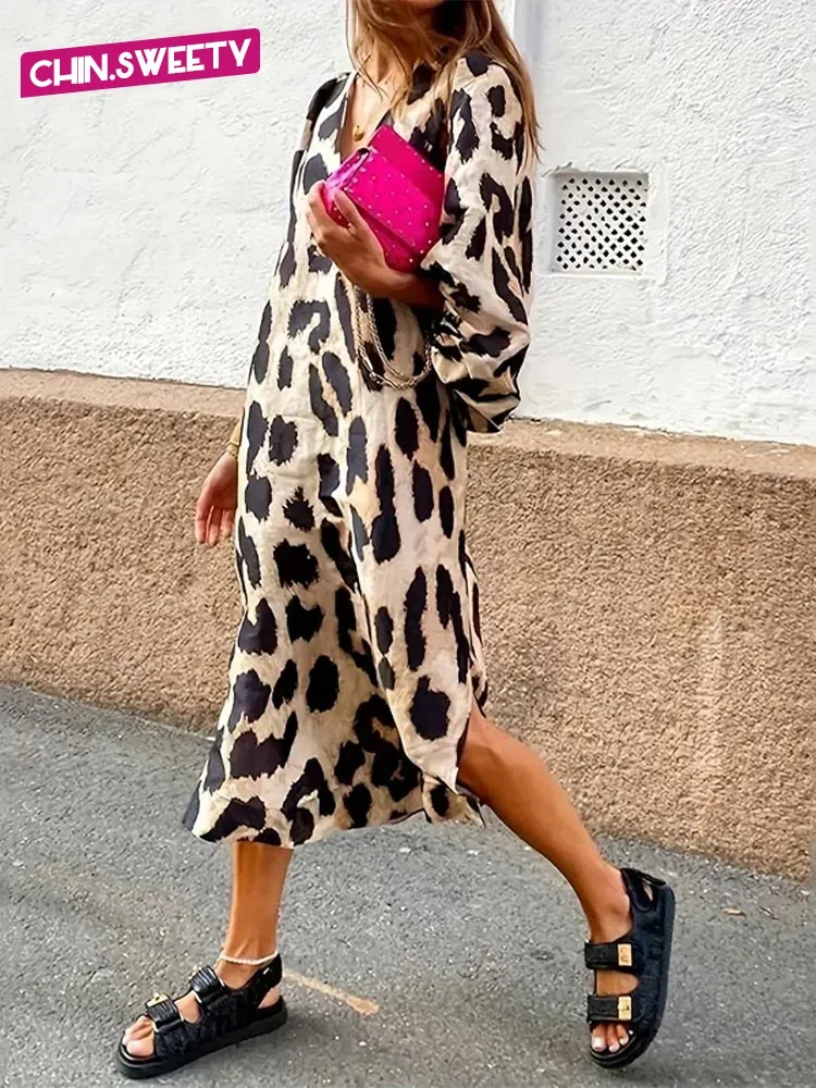 Женское платье-миди с леопардовым принтом свободное весеннее шикарное платье