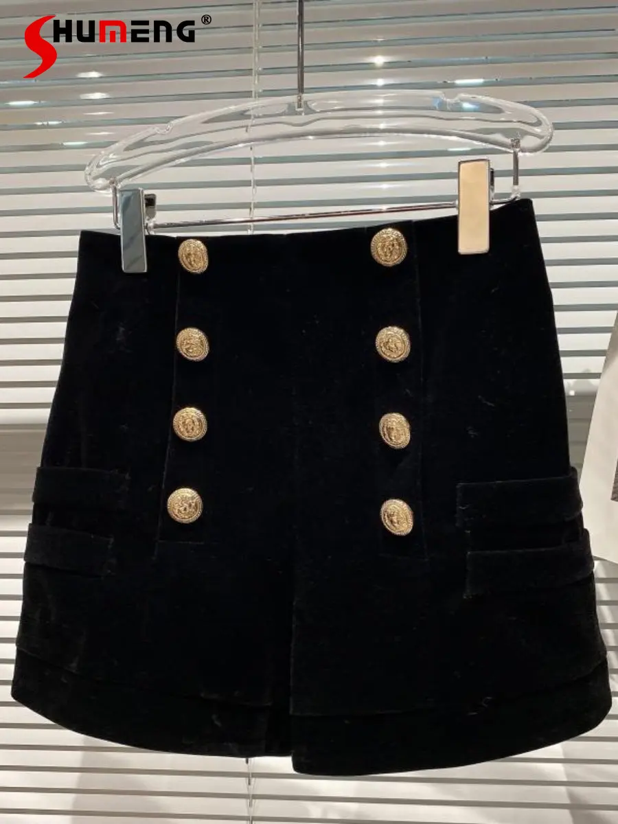 

Fashion High Waist Black Pleuche Shorts for Women Autumn Winter Metal Buttons Design Casual Shorts Autumn Winter New Hot Pants