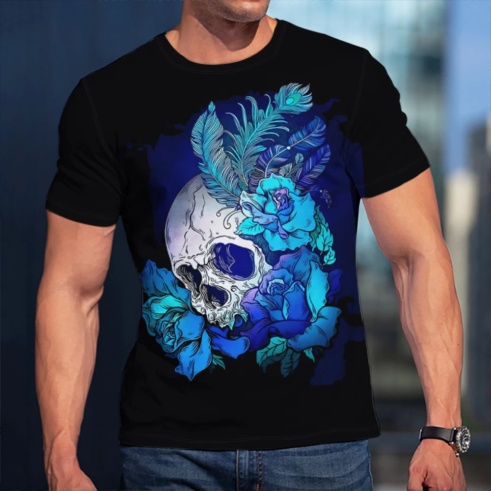 

2022 Summer Retro Trend Skull Print Casual O-Neck Short Sleeve T-Shirt Top Fashion Comfortable Loose Hip-Hop Punk Men's T-Shirt