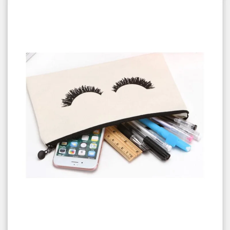 

100pcs Large canvas Eye Lashes Printed Woman Drawstring Makeup Bag Zipper Clutch Bag Cosmetic Organizer #638