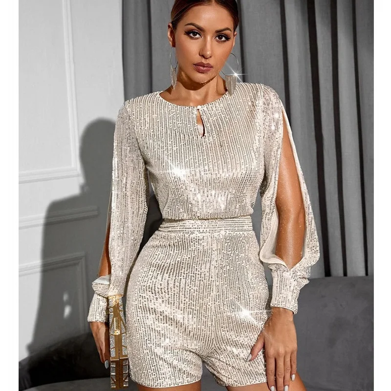 

2022 New Patchwork Long Sleeve Jumpsuit Women Elegance Sequins Skinny Ruched Playsuit Workout Active Wear Casual Shorts Romper