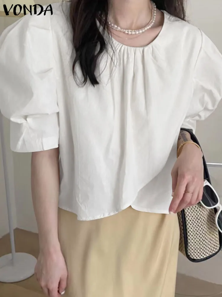 

Elegant Blouse 2023 VONDA Fashion Women Casual O-Neck Party Top Tunic Solid Street Short Puff Sleeve Stylish Blusas Femme