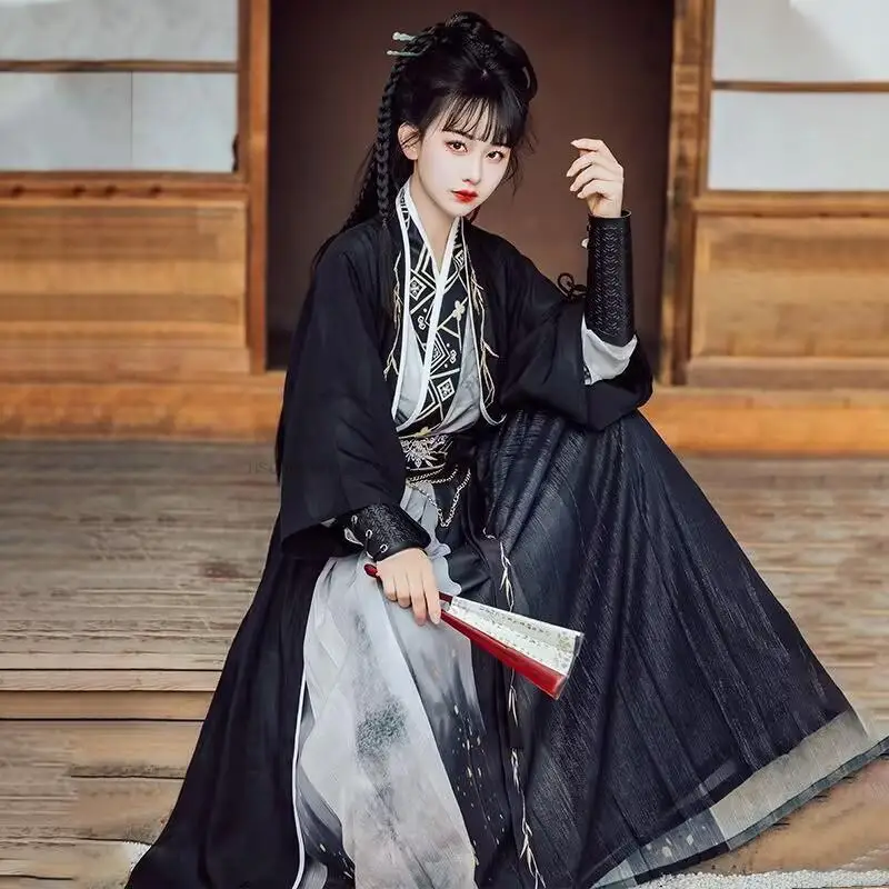 

Парные китайские традиционные костюмы Hanfu для повседневного косплея, летнее платье Hanfu, унисекс, красивый черный стиль Hanfu, 3 шт.