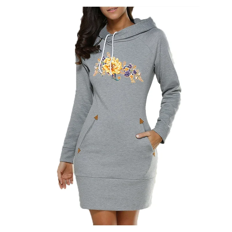 

Модные женские платья с капюшоном с цветочным принтом, осенне-зимние женские пуловеры с длинным рукавом, свитшот, теплое пикантное облегающее платье с капюшоном