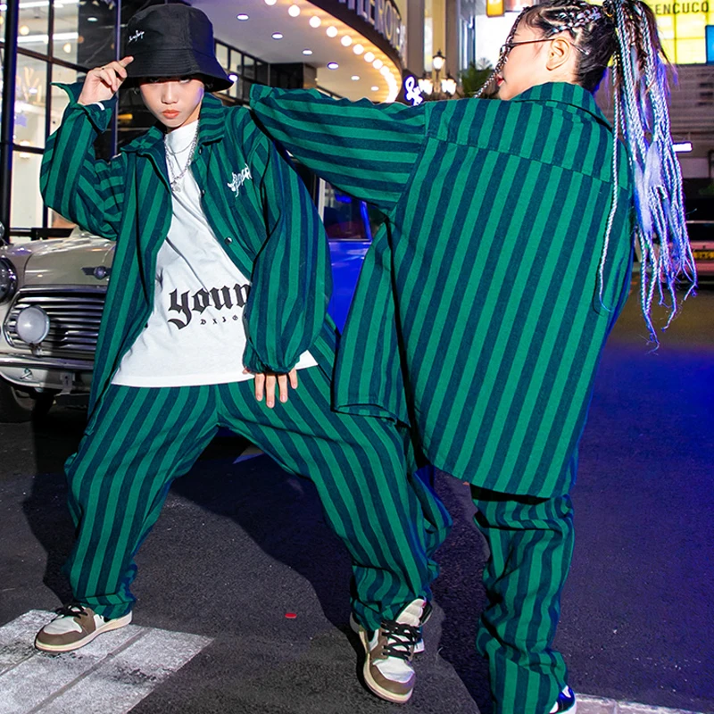 

Рубашка в зеленую полоску для мальчиков и девочек, свободные штаны, одежда для джазовых танцев в стиле K-POP, одежда для бальных танцев в стиле ...