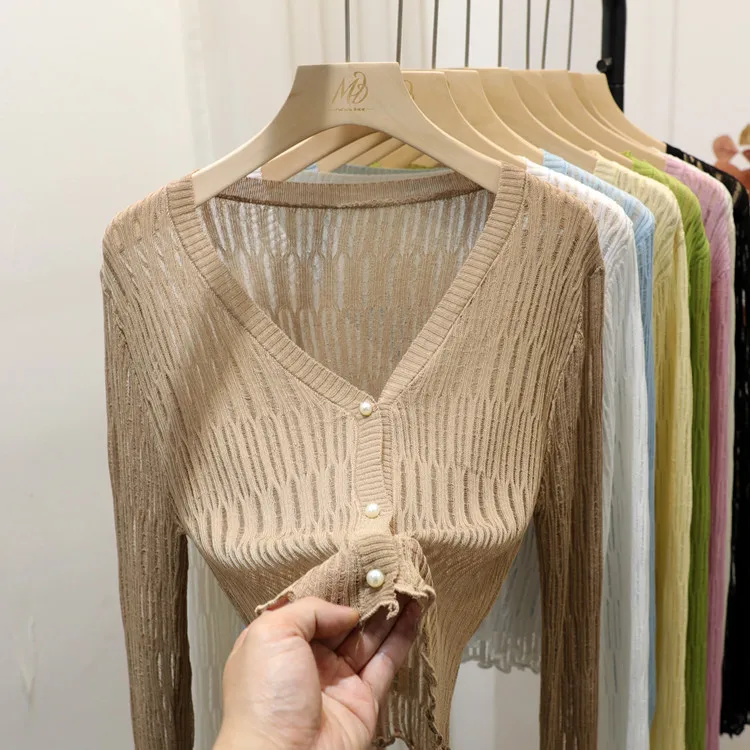 Женский трикотажный кардиган с V-образным вырезом и ледяным шелком