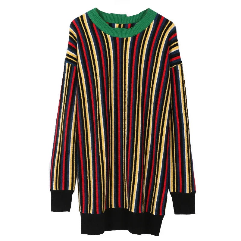 

Autumn and Winter New Women's Long-Sleeved Pullover Contrast Color Striped Mid-Length Loose round Neck Knitted Top