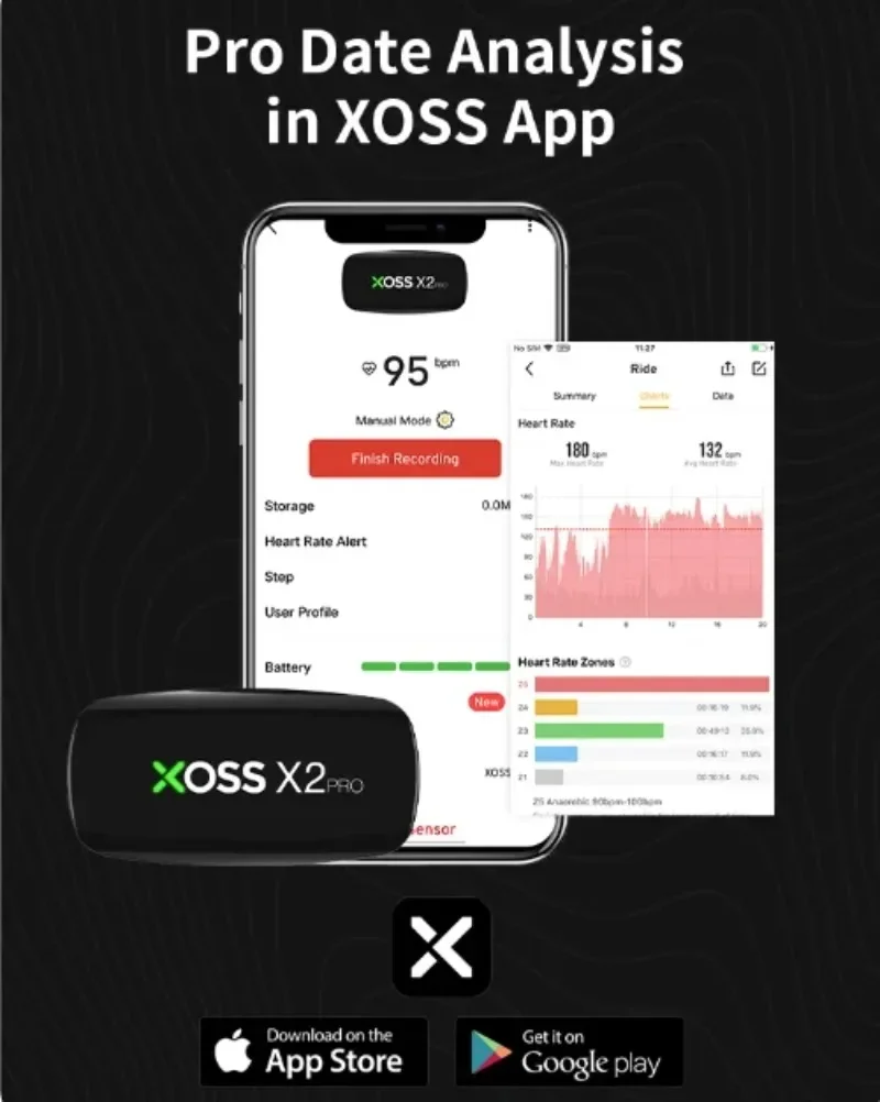 Фото Датчик сердечного ритма XOSS X2 Pro, перезаряжаемое зарядное устройство, хранилище данных для плавания, парусника, фитнеса, бега, велоспорта №5