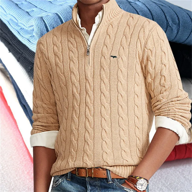 High Quality Same Brand Men's Autumn Winter Cable 100% Cotton Knit Sweaters Zipper Mock Neck Pullovers Pull Homme 8509