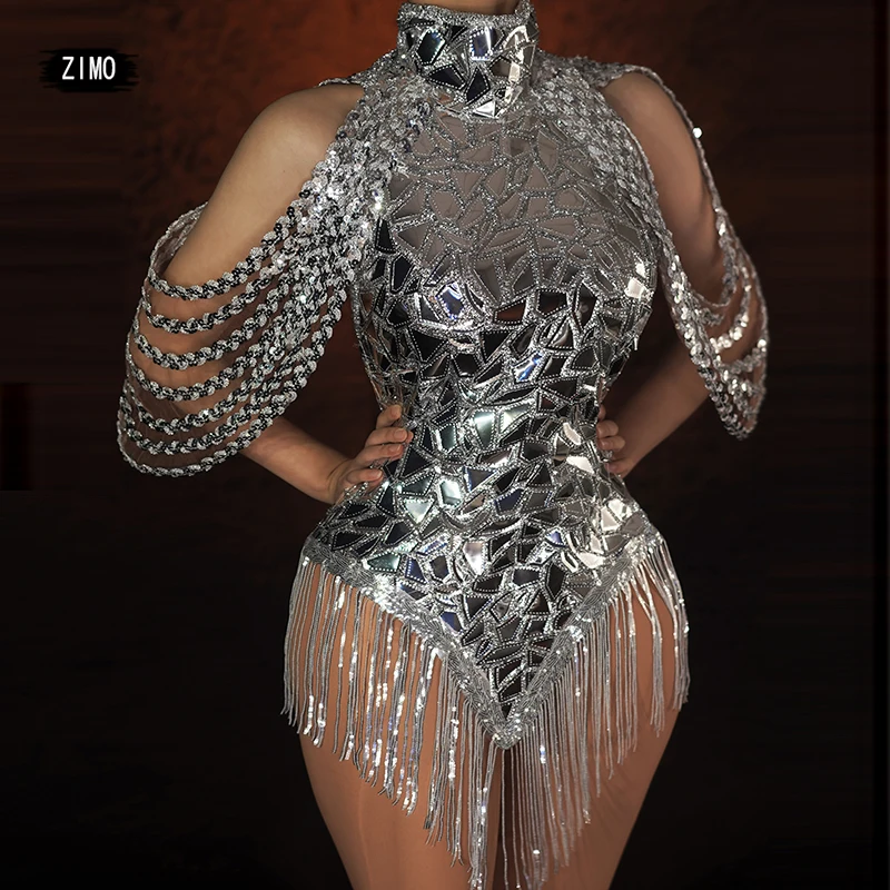

new fashion Silver dress sequin fringe backless Off shoulder Mirror pole dance clothing birthday party DS DJ drag queen costumes