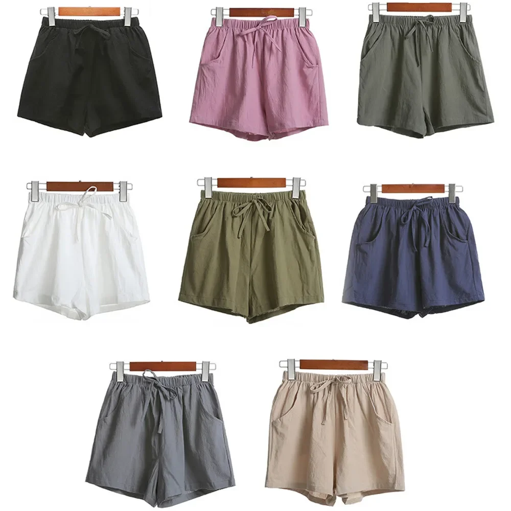 Summer Elegant High Waist Flax Shorts Women Casual Solid Wide Leg Loose Cotton Short Pants Bottom Pant Pocket Black Trouser