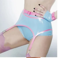 sexy blue latex briefs underwear garter belt suspenders stockings include shorts