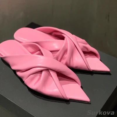 Summer New French Design Sense Pointed Toe Open-Toe Pleated Muller Shoes Women Street Wear Casual Flat Slippers Fashion Sandals