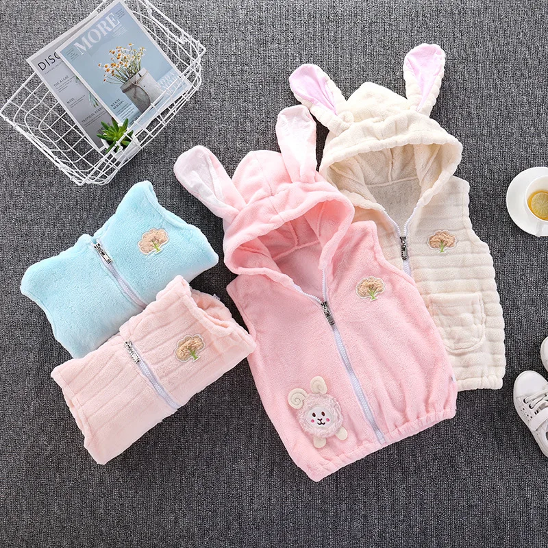 

2022 New Children's Autumn and Winter Thermal Vest Infant Girl Flannel Rabbit Ears Hooded Vest Baby Plus Velvet Cardigan Outwear