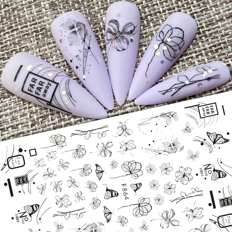 

Black and White Flowers Leaves Butterfly 3D Nail Decals Nail Decorations Adhesive Stickers DIY Nail Art Supplies Nail Stickers