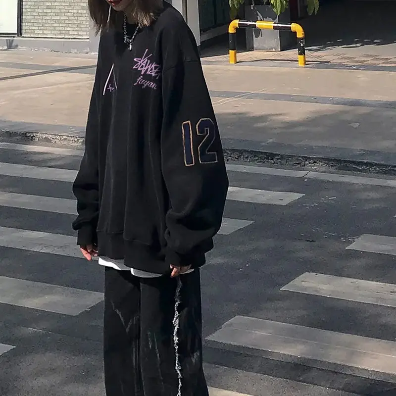 Свитшоты Harajpoo для пар уличные черные тонкие свободные пуловеры в американском