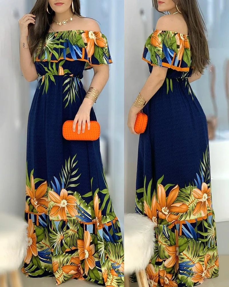 

Chicme Summer Short Sleeve Beach Wear Boho Style Long Dress Going Out Oversize Off Shoulder Tropical Print Maxi Dress