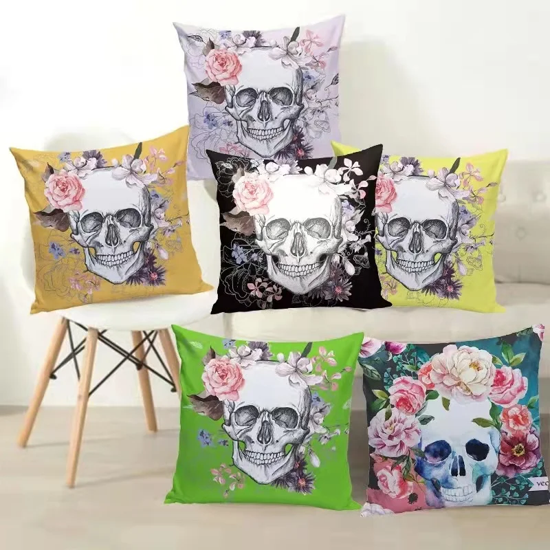 

Skull Flower Cushion Cover Punk Style Office Sofa Pillow Case Soft and Comfortable Home Decoration Throw Pillow Cover 45x45cm