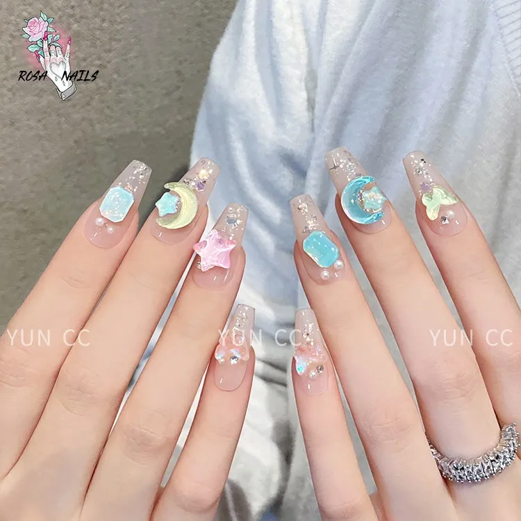 

3D Stars and Moon Handmade Press on Nails Rhinestones Jewelry Decoration Nail Art Charms Accessories Medium Long Coffin Pressons