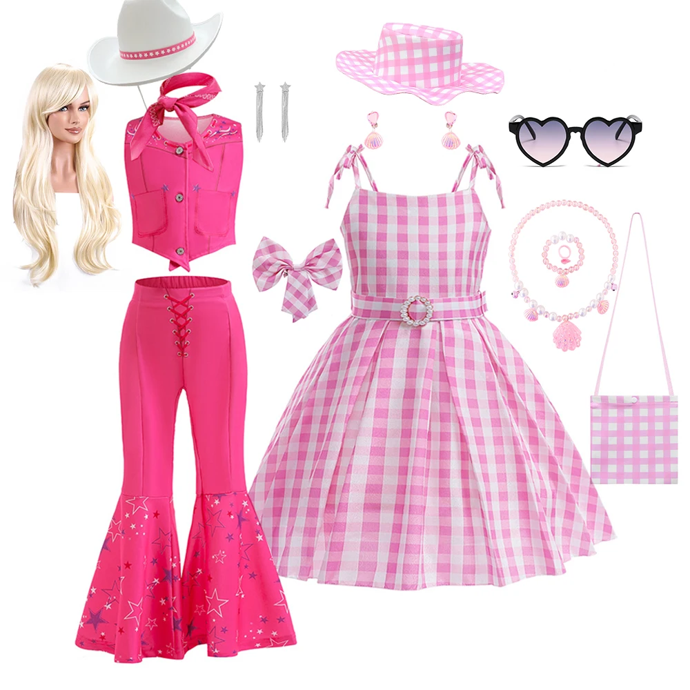 

New Barbi Movie Cosplay Costume Dress Set For Kids Girl Halloween Dress Up Barbi Clothes and Accessories Hot Starry Top Pants