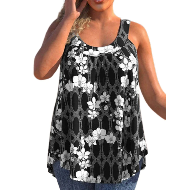 Plus Size Floral  Print Tank Top Summer Casual Loose Women Sleeveless Tees Loose Female Tops Plus Size Women Clothing 4XL 5XL