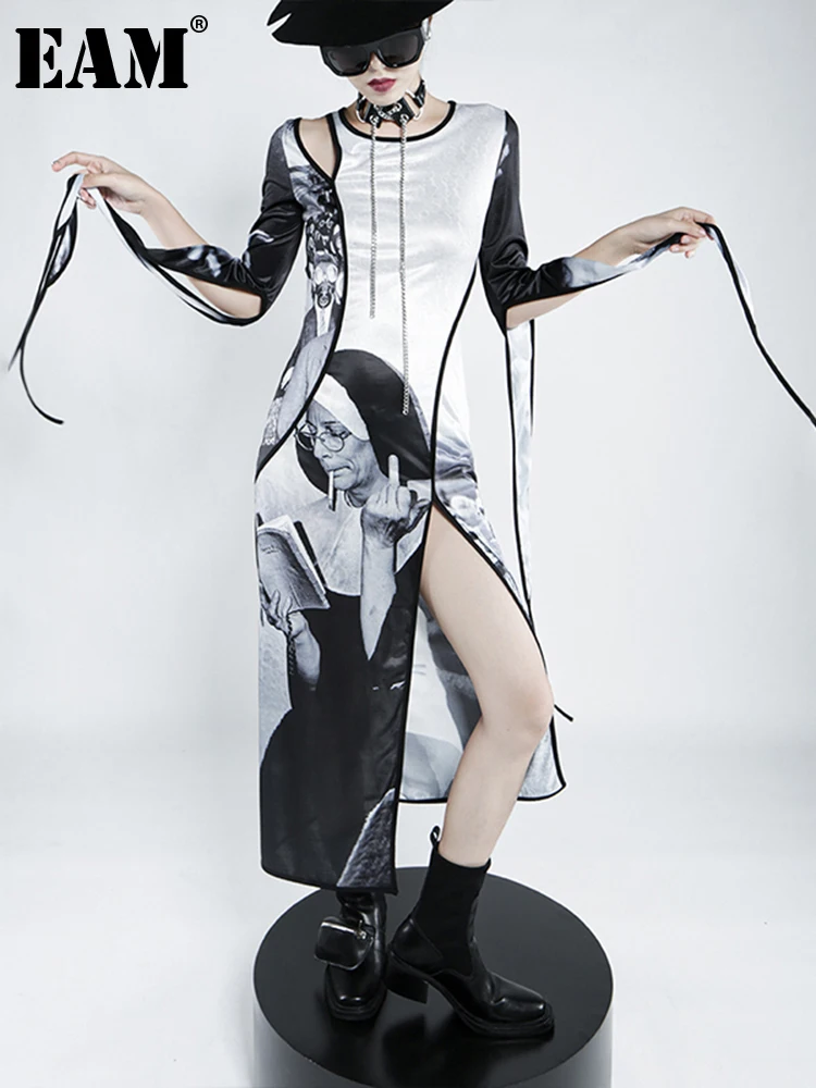 

[EAM] Women Black Printed Hollow Out Long Dress New Round Neck Long Sleeve Loose Fit Fashion Tide Spring Autumn 2022 1DE0662