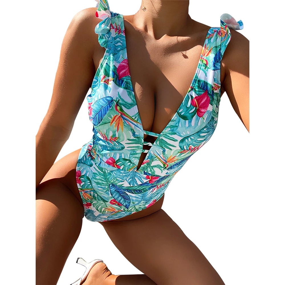 

Цельный костюм с оборками, сексуальный купальник с вырезом, женский летний купальный костюм с глубоким V-образным вырезом, купальник моноки...