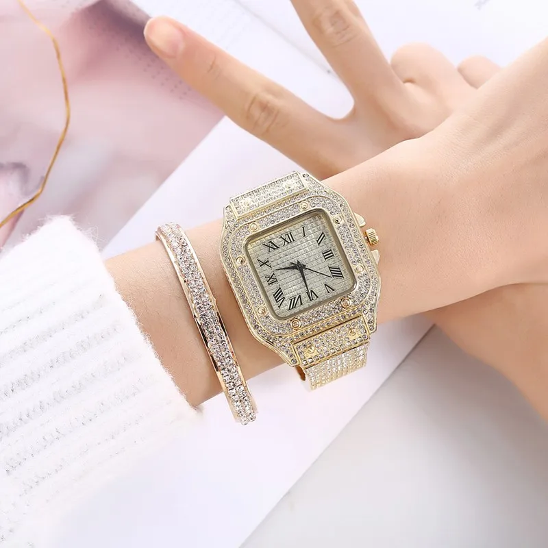 2PCS Set Luxury Square Full CZ Watch Women's Bracelet Fashion Watch Women's Casual Women's Watch Bracelet Set Clock