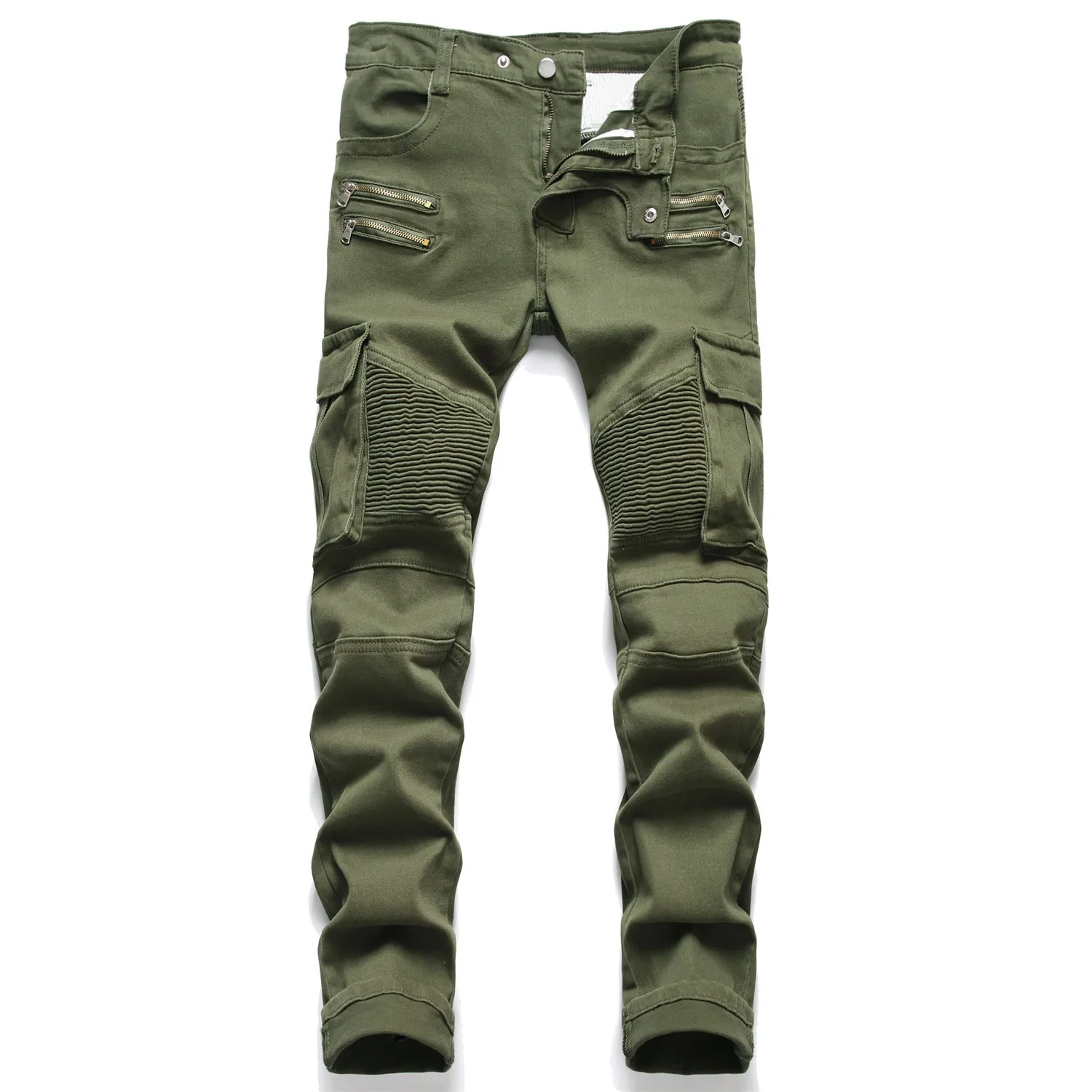 Motorcycle Denim Pants Men's Black Army Green Pleated Jeans Fashion Moto Biker Zipper Skinny Jeans Men Casual Slim Pants
