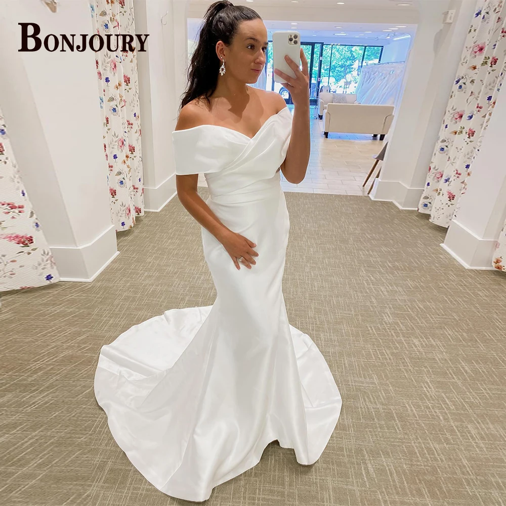 

BONJOURY Simple Mermaid Wedding Dresses For Woman 2024 Bride Off Shoulder Satin Sweep Train Pleat Robe De Mariée Custom Made