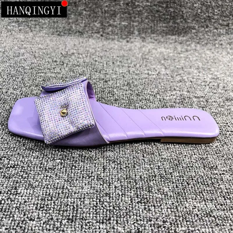 Big Size Women Slippers Female Shoes Flip Flops 2023 Summer Casual Slides Black Ladies Outside Square Toe Rhinestones Footwear