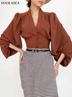 soolasea palace style lartern sleeve shirt womens spring summer retro tops solid coffee color vintage short blouse woman top