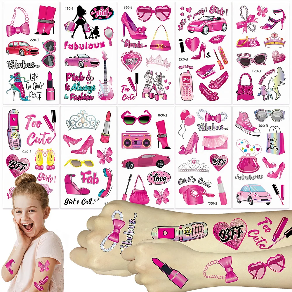 

10 Sheets Pink Theme Girls Pink Cute Doll Temporary Tattoo Stickers Bachelorette Party Favor Tattoos Kawaii Bachelorette Party