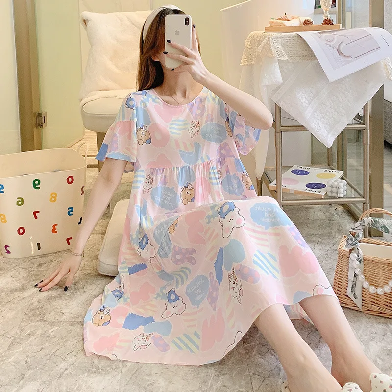 New Women's Nightgown Floral Print Short Sleeve Nightdress Comfy Sleep Nightshirt Pajama Dress Soft Sleepdress Loose Sleepwear