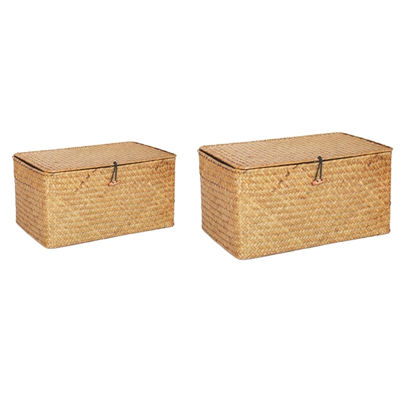 

2Pcs Handmade Straw Woven Storage Basket With Lid Makeup Organizer Storage Box Seagrass Laundry Baskets Rattan Jewelry Box - L &