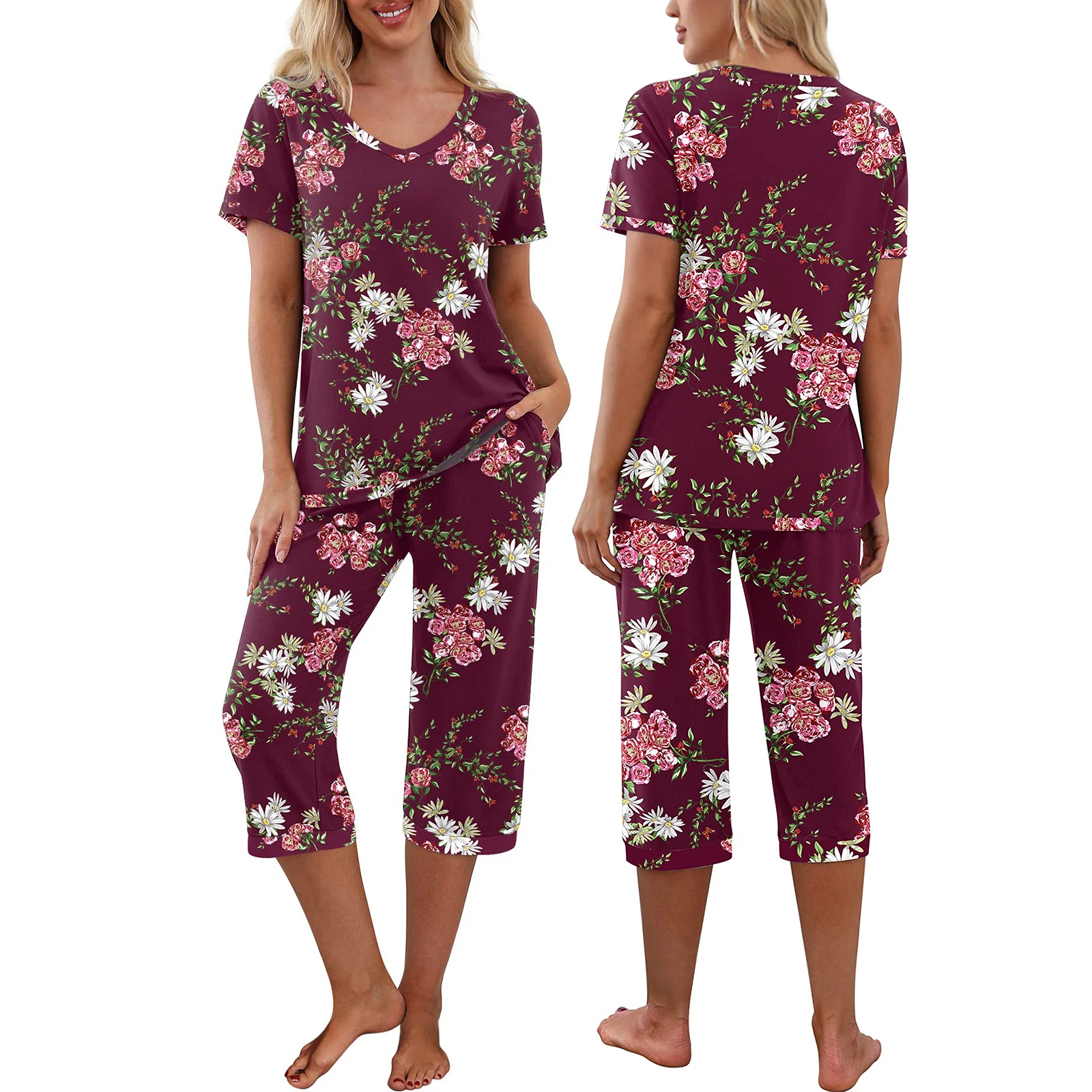 8 Colors Women's Casual Pajama Set Short Sleeve V Neck T-shirt and Capri Pants Sleepwear Floral/Leopard Lounge Suits