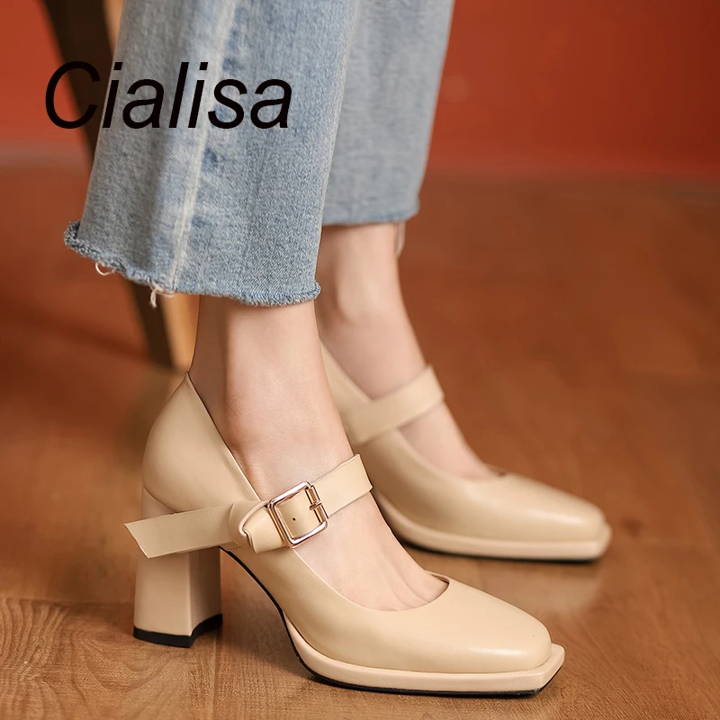 

Cialisa Fashion Women Pumps 2023 Autumn New Square Toe Genuine Leather Shoes Handmade Buckle Strap Dress 8cm High Heels Shoes 40
