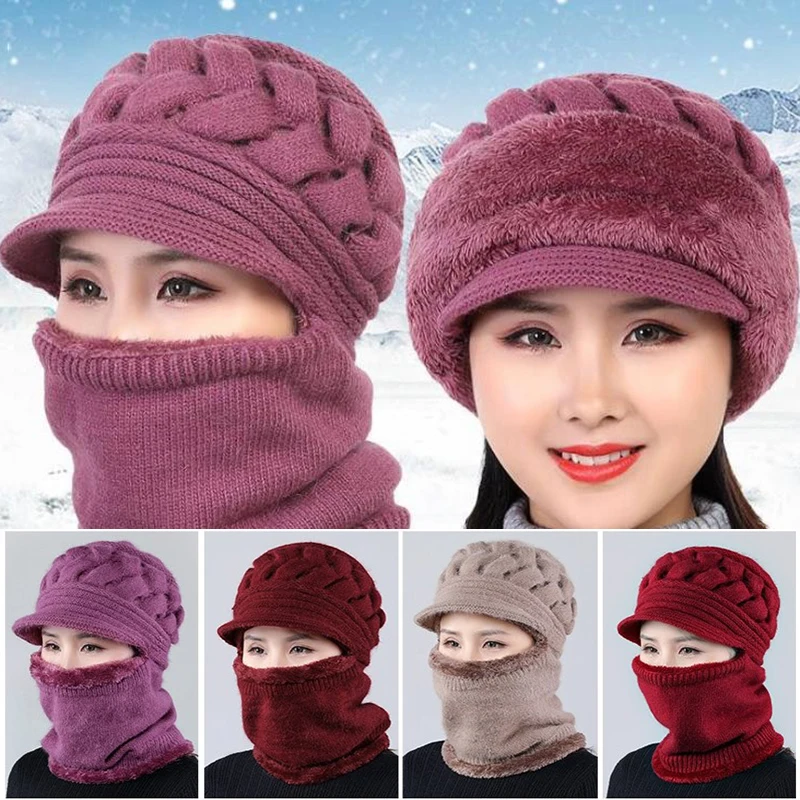 

Coral Fleece Winter Hat Beanies Women's Hat Scarf Warm Breathable Wool Knitted Hat For Women Double Layers Protective Caps