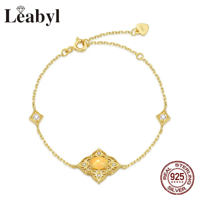 

Leabyl Classic Openwork Flower Opal Gold Color Bracelet Real 925 Silver Chain Link Jewelry Bracelets