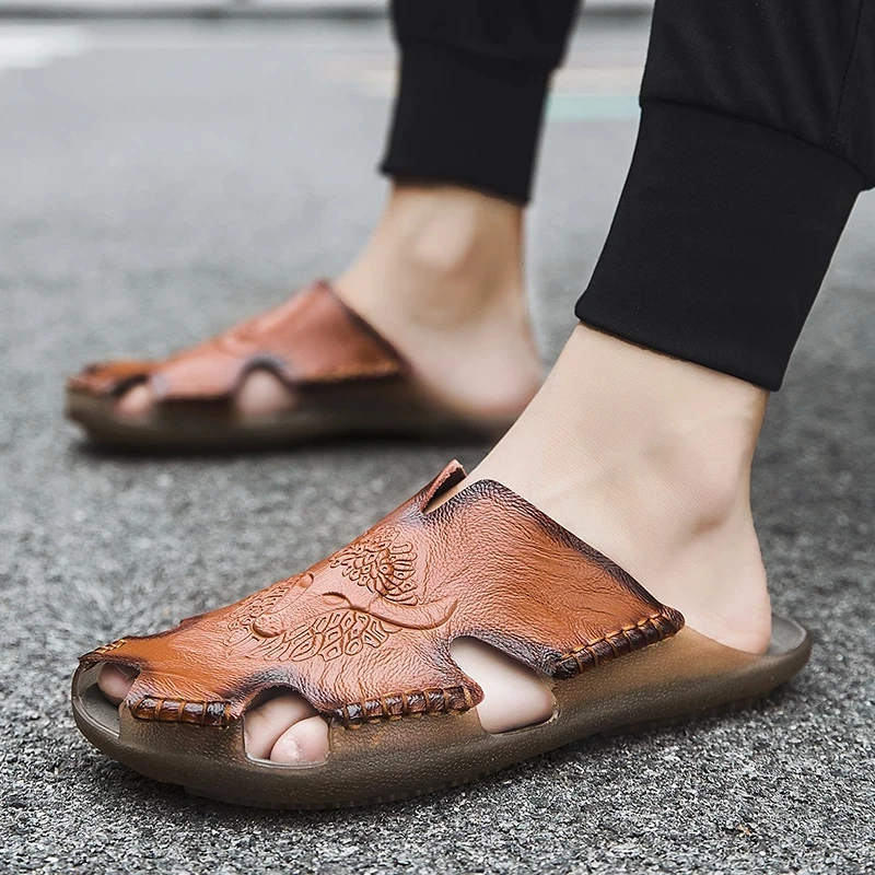 

Summer Men Slippers Soft Leather Men Shoes Outdoor Comfortable Male Summer Shoes Zapatos De Hombre Classic Slippers Men Male