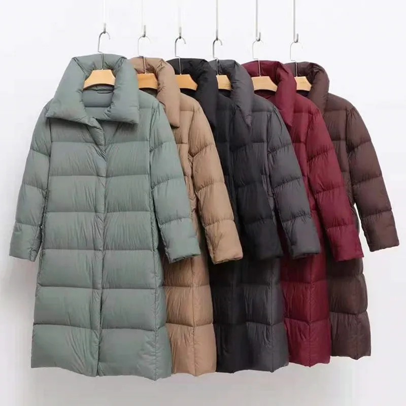 

Модная пуховая куртка для женщин 2023 пуховик средней длины с отложным воротником новая женская одежда куртки на белом утином пуху