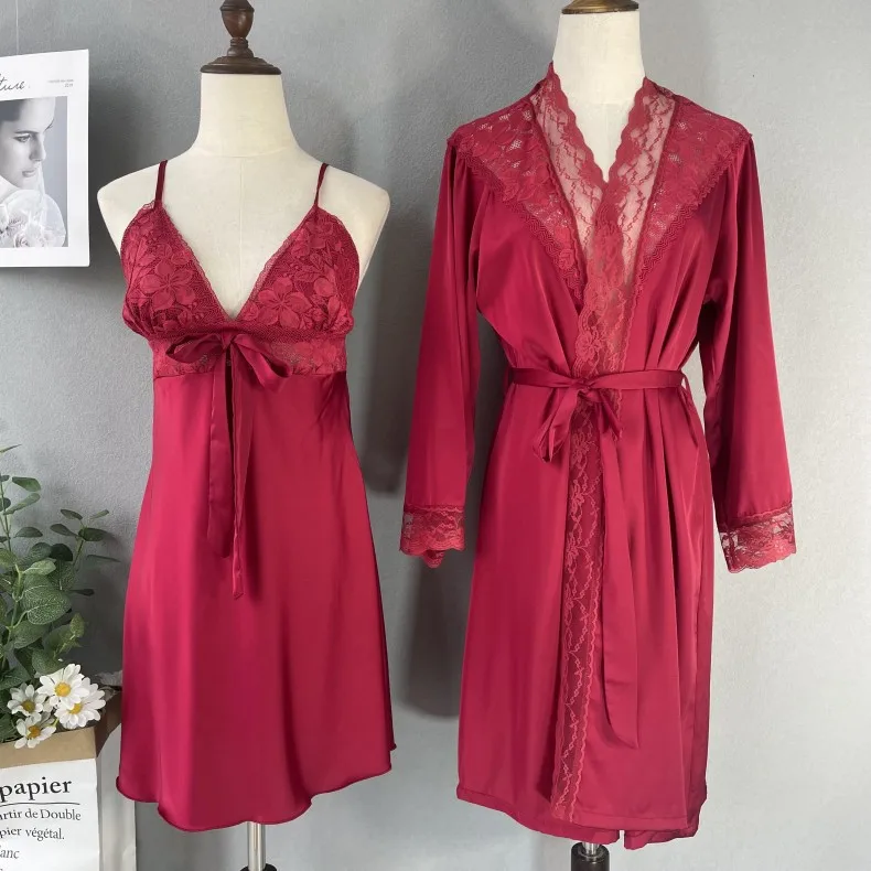 Комплект женский кружевной из 2 предметов пикантный халат с бантом нижнее белье