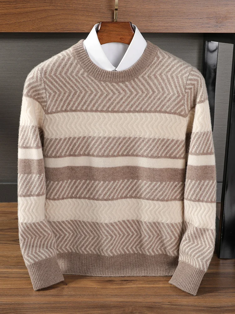 Zocept Fashion Big Striped Pullover Autumn Winter Thick Soft Warm 100% Merino Wool Sweater Men Clothing Knitted Cashmere Tops