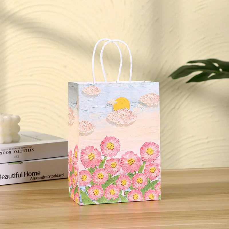 24pcs Party Kraft Paper Gift Bag with Handle 3D Oil Painting Candy Cake Favor Bags Wedding Baby Shower Birthday Decoration