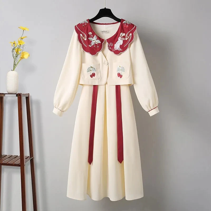Plus Size Women's Hanfu Female Embroidery Chinese Style Autumn Improved Sweatshirt Coat Sling Dress Two-piece Suit Long Dresses